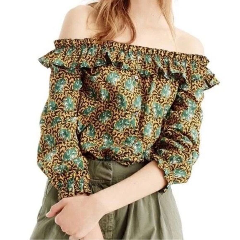 J. Crew Blouse Womens Elephant 6 Green Ratti Print Ruffle Off The Shoulder Top